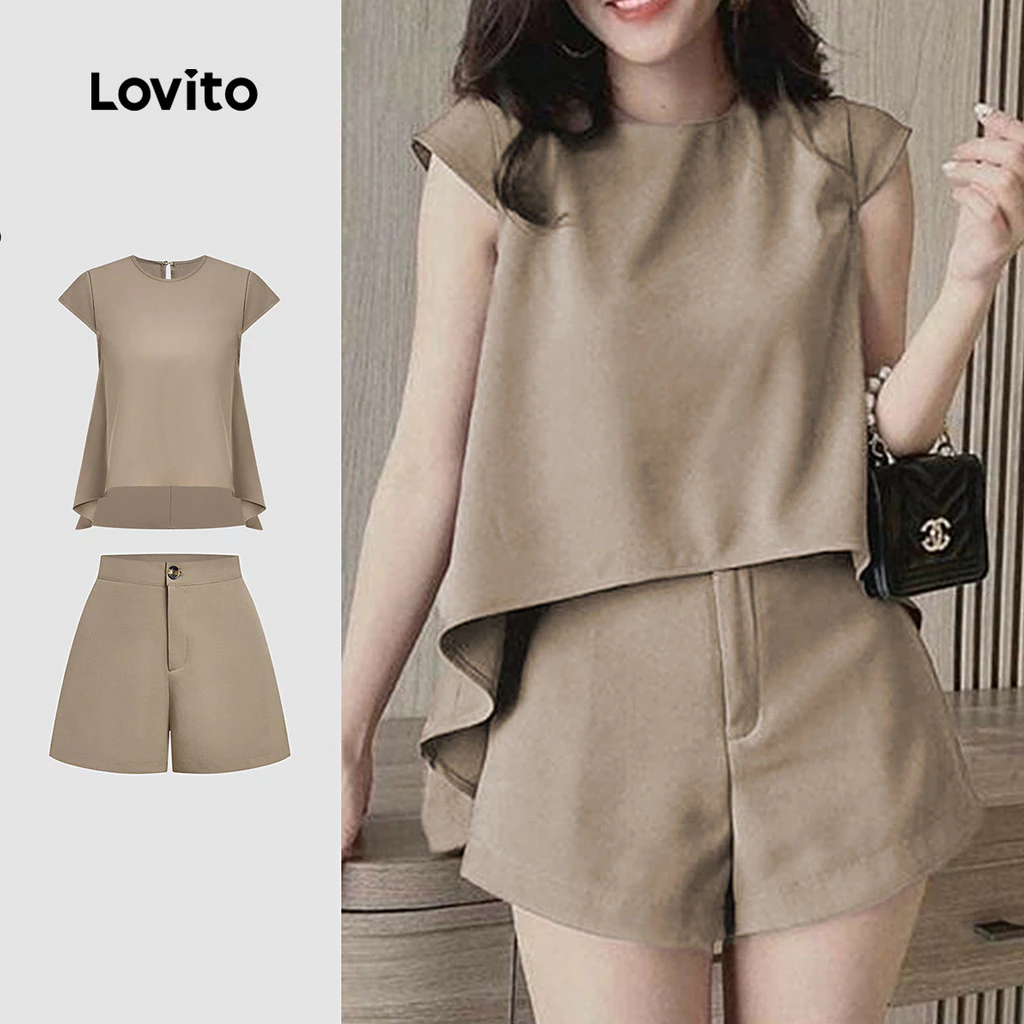 Lovito Casual Conjuntos de Shorts com Pregas para Primavera/verão Shorts Caqui para mulheres L154ED206 — imagem 1