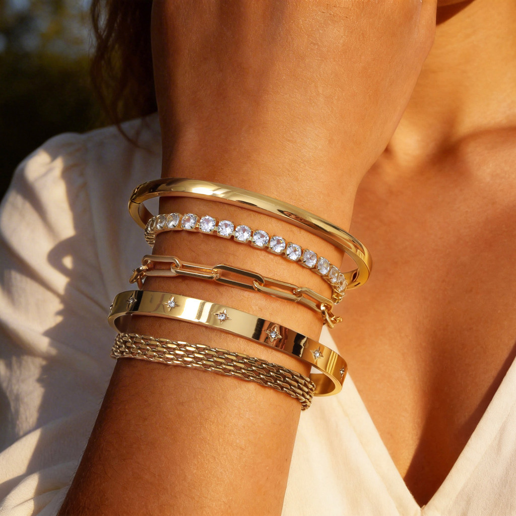 Conjunto De Pulseira Feminina De Zircônia Cúbica Com Punho Aberto Vnox, De Corrente Empilhável, Presente De Design Hip · foto 2