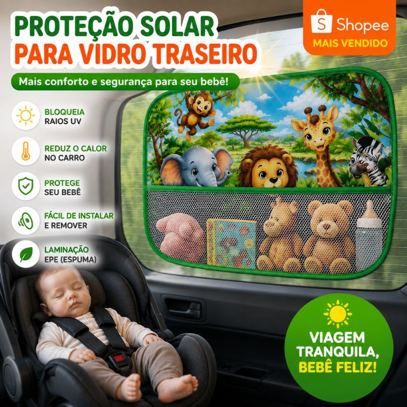 Protetor de Janela Solar Carro Bebê Infantil Vidro Quebra Sol Com Bolso Porta Brinquedos