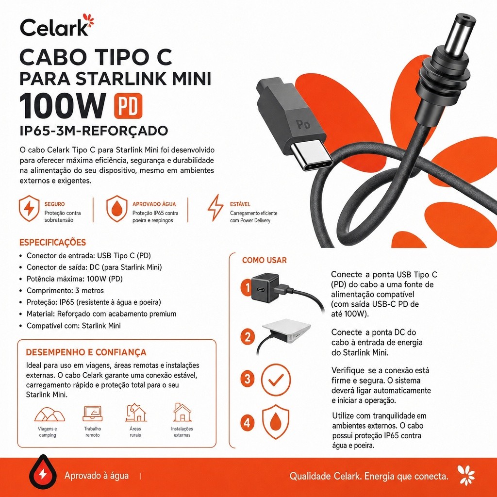Cabo USB-C para Starlink Mini 100W PD IP65 Reforçado 3M | Carregamento Rápido e Alta Resistência