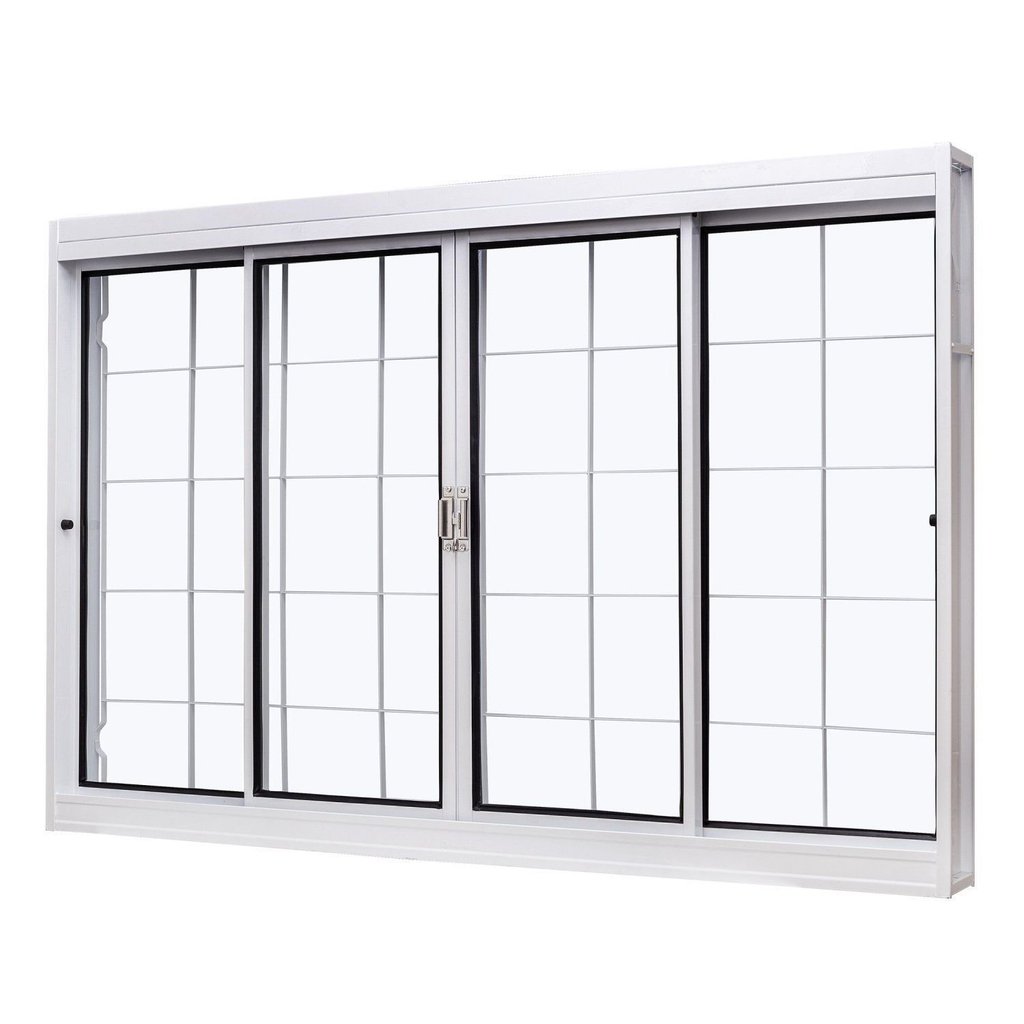 Janela de Aço de Correr Central 100x200cm 4 Folhas com Grade Quadriculada e Vidro Liso Qualitysol Ra Branco Ramassol