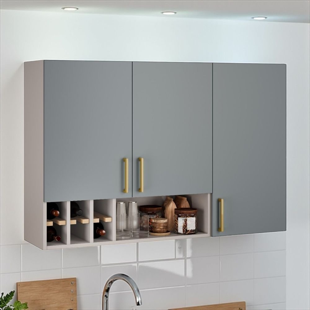 Armário de Cozinha 3 Portas 120cm Nicho Garrafeiro 100% MDF Dobradiças Slow Motion Essence Itatiaia Fendi