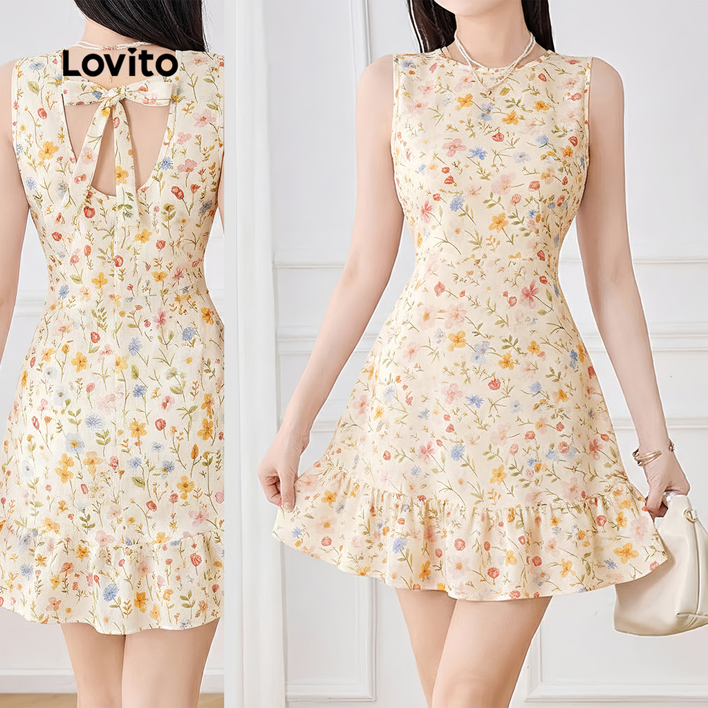 Lovito Vestido Casual com Zíper Babados e Amarração Nas Costas para Primavera/ve