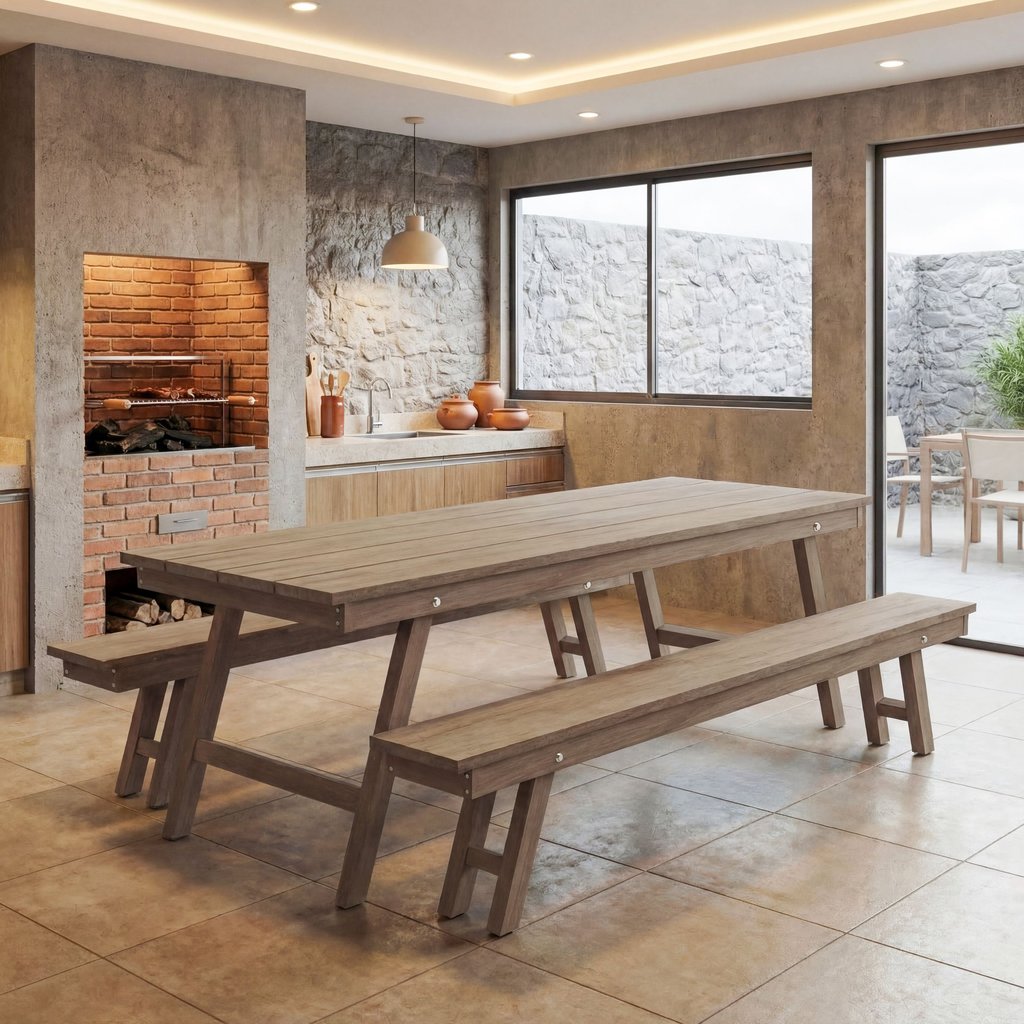 Mesa Rustica com 2 Bancos em Madeira Marrom Marrom