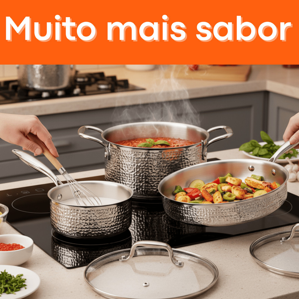 Jogo Panelas Inox Martelado Fundo Triplo Indução Frigideira Caçarola Tampas Vidro 6 Peças CHEF D · foto 2