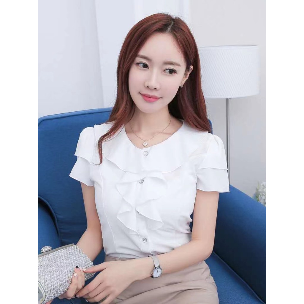 Camisa branca de manga de folha de lótus feminina de manga curta roupa profissional roupas femininas aparência mais fina