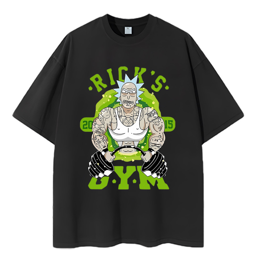 2026 Camiseta Feminino Masculino Oversized Rick's Gym Personagem Anime Cabelo Azul Tatuagens Barbell Streetwear Novo