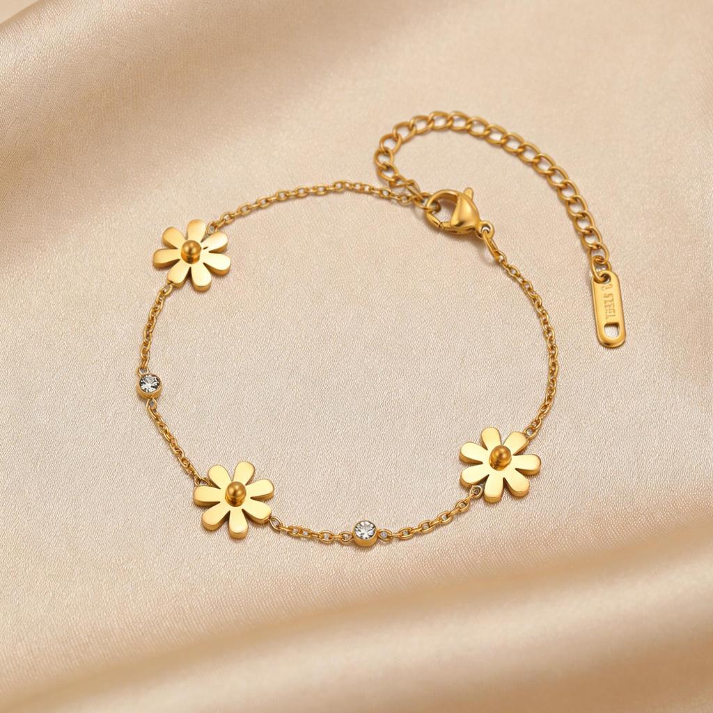 Pulseira Vnox Titanium Bunga Daisy Modis Eropa Moda Estilo Elegante De Camada Dupla