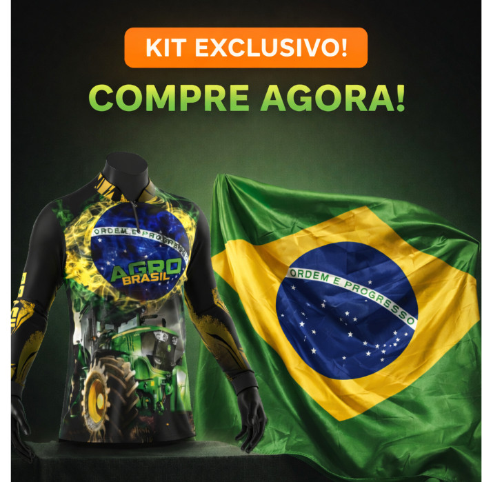 KIT Camiseta + Bandeira do Brasil Camisa Blusa Agro Brasil Trator Com Zíper Proteção Uv50+