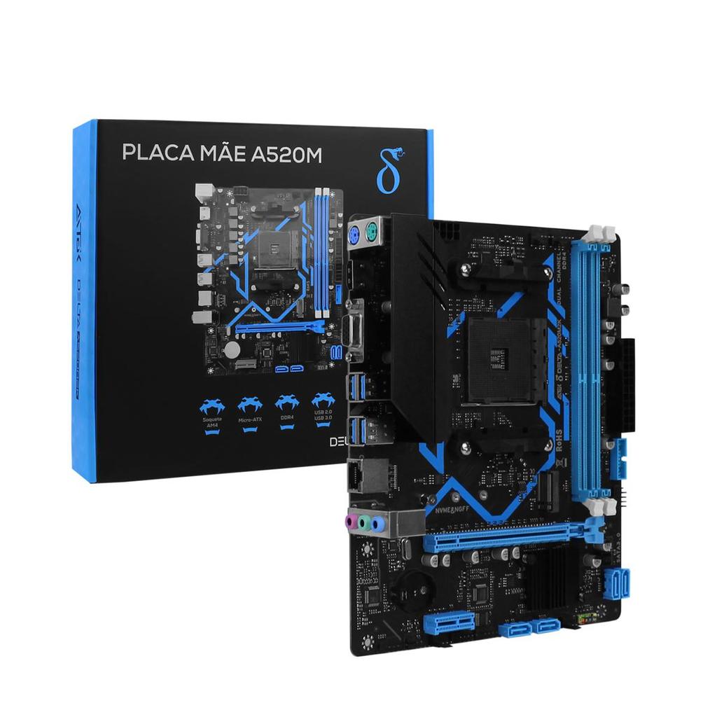 Placa Mãe AMD A520 Micro-ATX Socket AM4 DDR4 Até 64GB SSD M.2 NVMe PCIe 4.0 p/ Processador Ryzen 1000Mbps
