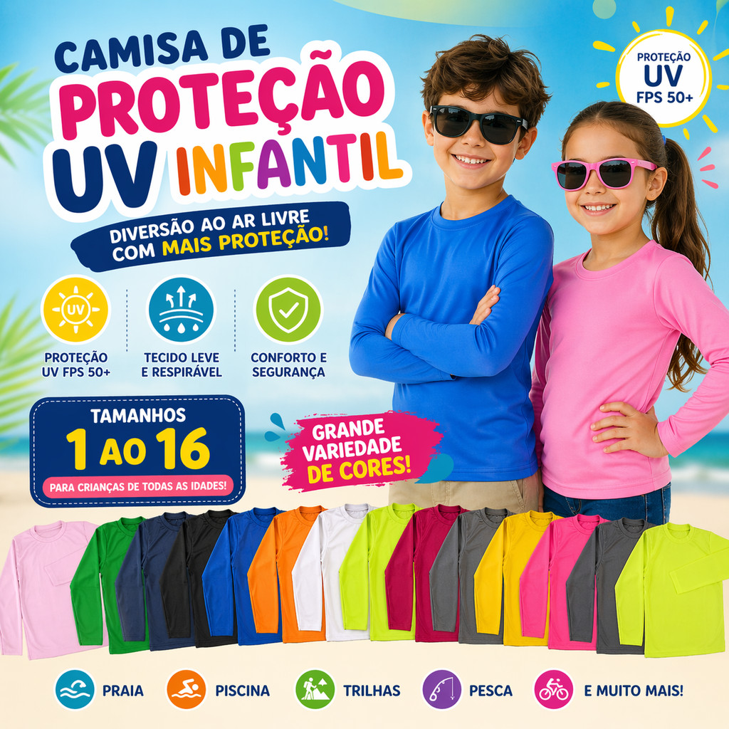 Camisa manga longa proteção UV 50+ infantil/juvenil