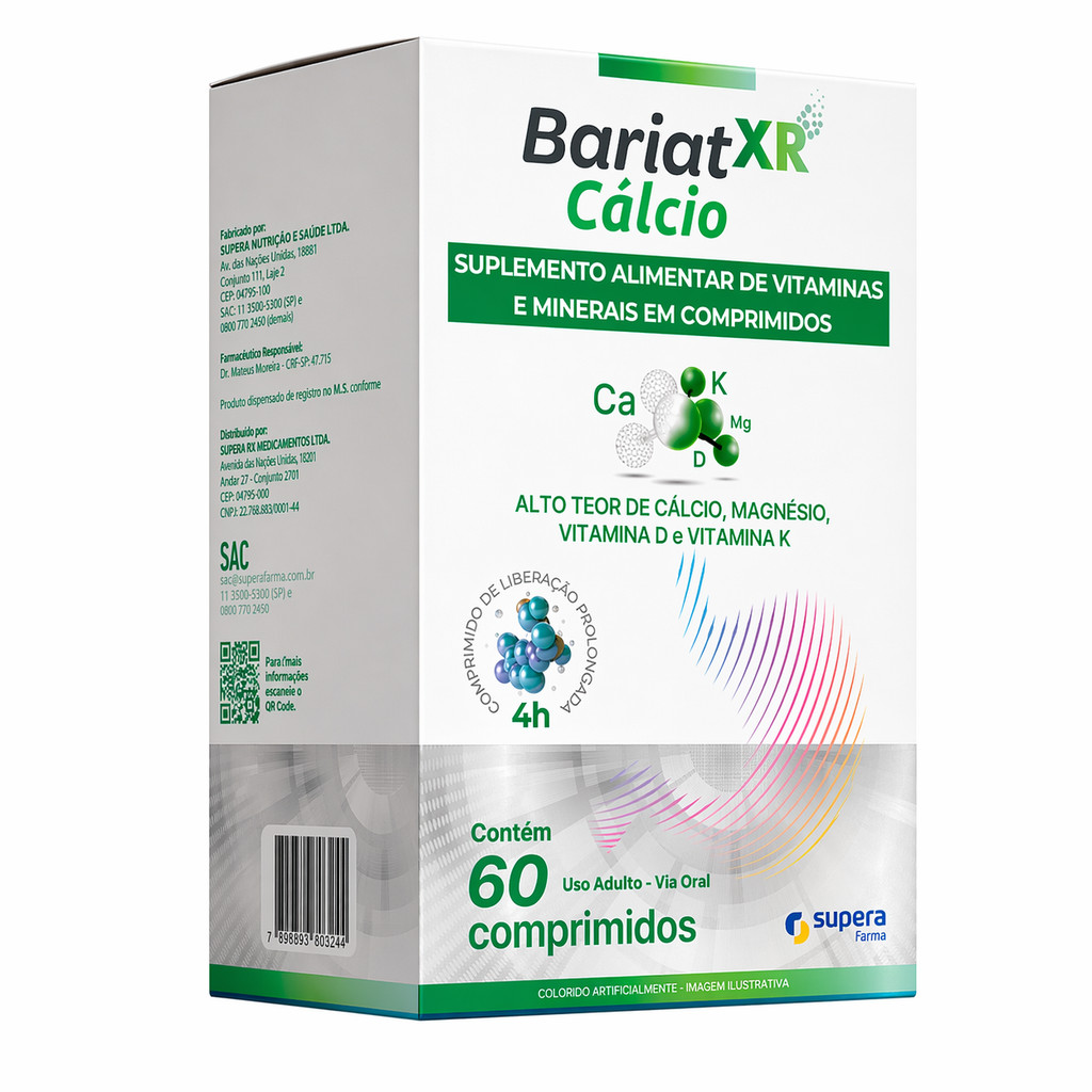 BariatXR Cálcio 60 Comprimidos Cálcio Magnésio Vitamina D K Ossos Fortes e Saúde Muscular