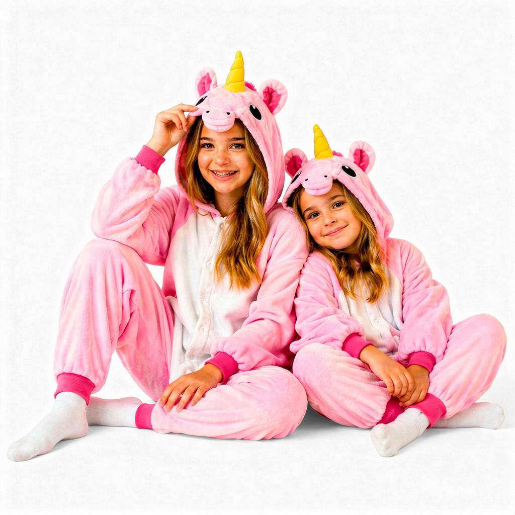 Fantasia de Unicórnio Kigurumi Infantil Rosa e Branco Com Gorro
