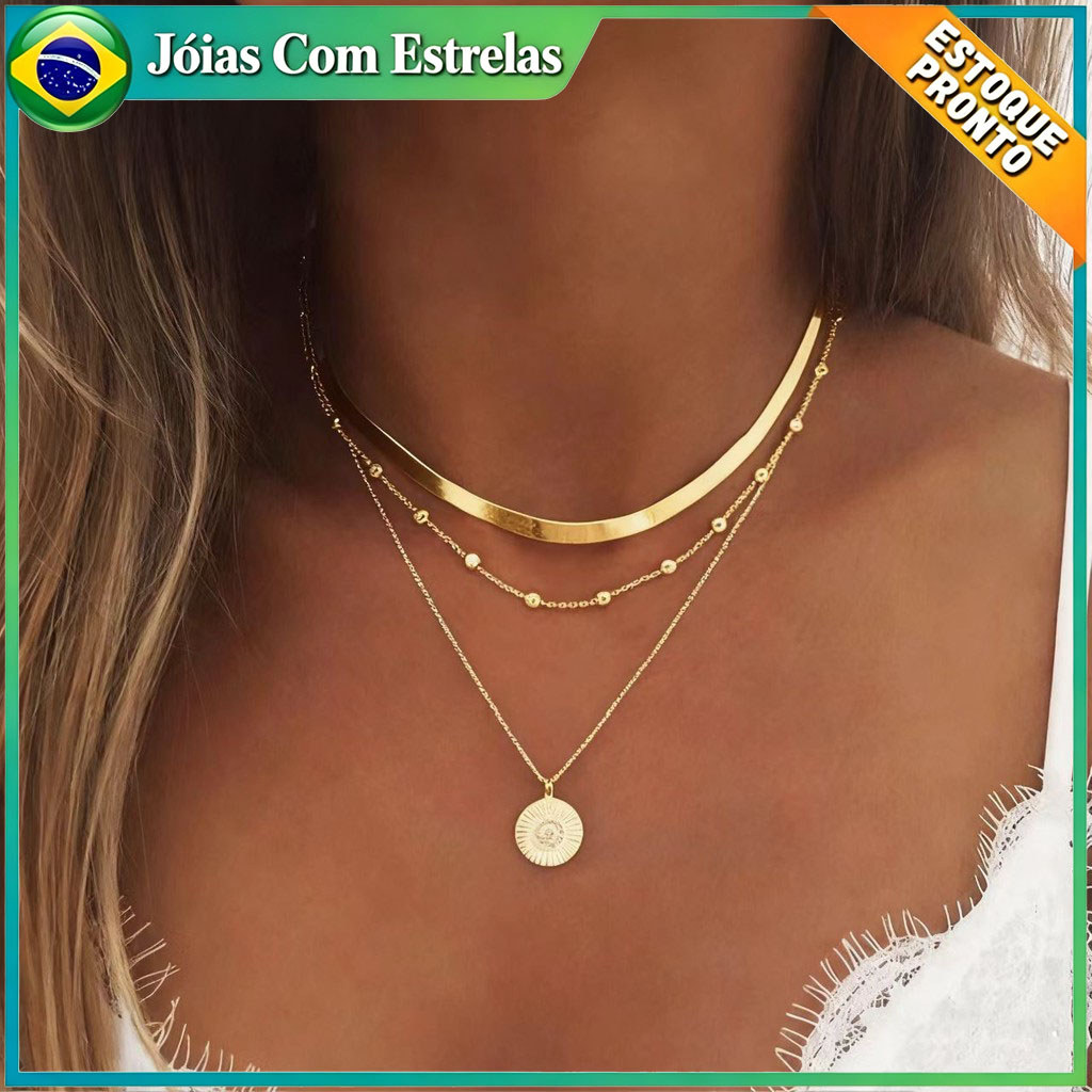 Colar Redondo De Três Camadas Simples Cobra Multicamadas Lótus Pingente Colar Disco De Contas De Ouro Multicamadas