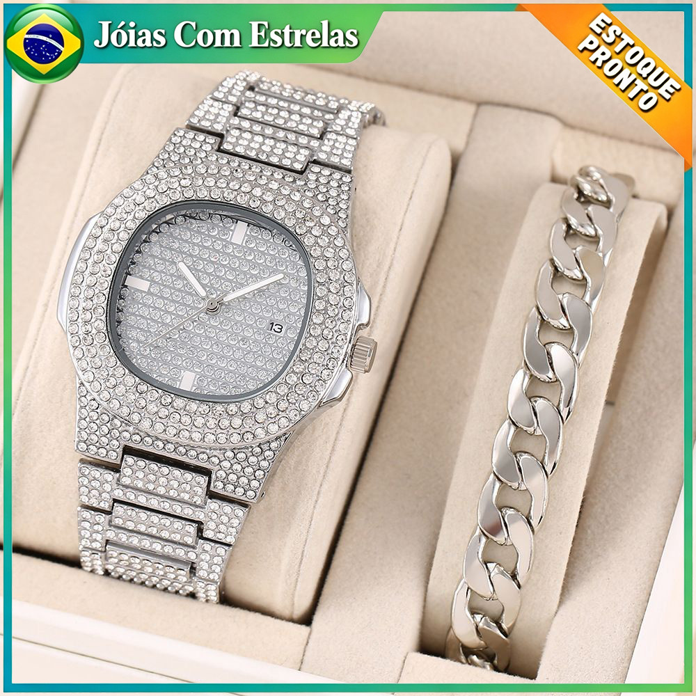 Conjunto de relógio quadrado com diamantes composto por relógio de pulso e pulseira ideal para homens de negócios