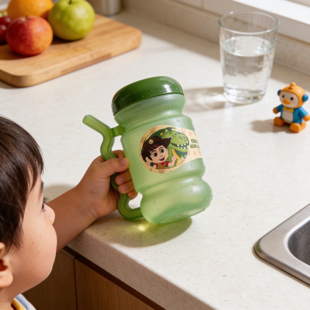 Copo com Canudo Infantil 420ml Panamby🥤🦖✨| Copo de Transição com Alça,Bebê, Antivazamento,Infantil