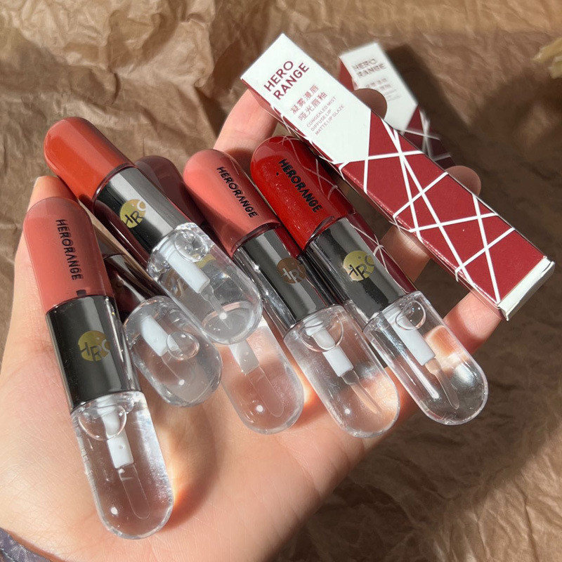 Brilho labial de duas cabeças espelho brilho de água brilho labial fosco batom vidro transparente brilho labial copo ant
