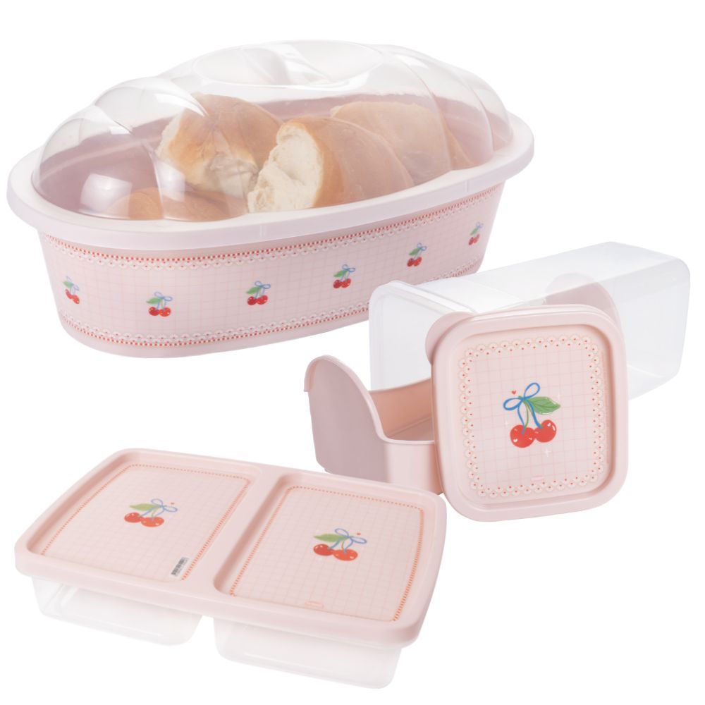 Kit Porta Pães, Porta Torradas com Gaveta Deslizante e Porta Frios com Divisória 3 peças rosa Plasutil
