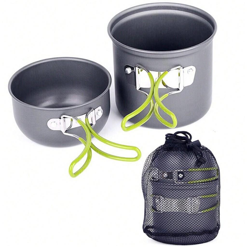 Kit Panelas Camping Alumínio 2 Peças Cabo Dobrável  Portátil Acampamento Trilha Pesca Com Bolsa
