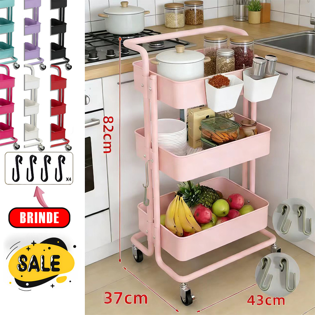 Carrinho de armazenamento multifuncional com  metal de 3 camadas e estrutura metálica.