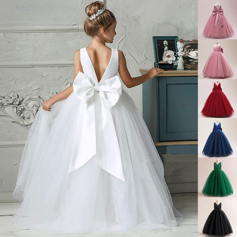 Vestido de Verão com Laço Grande para Dama de Honra, Vestido Longo para Meninas, Princesa, Sem Costas, para Noiva PH8V