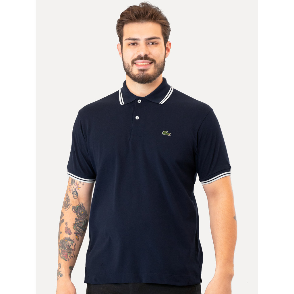 Polo Masculina Classic Fit Piquet White Stripes Original Azul Marinho