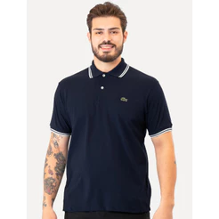Polo Masculina Classic Fit Piquet White Stripes Original Azul Marinho