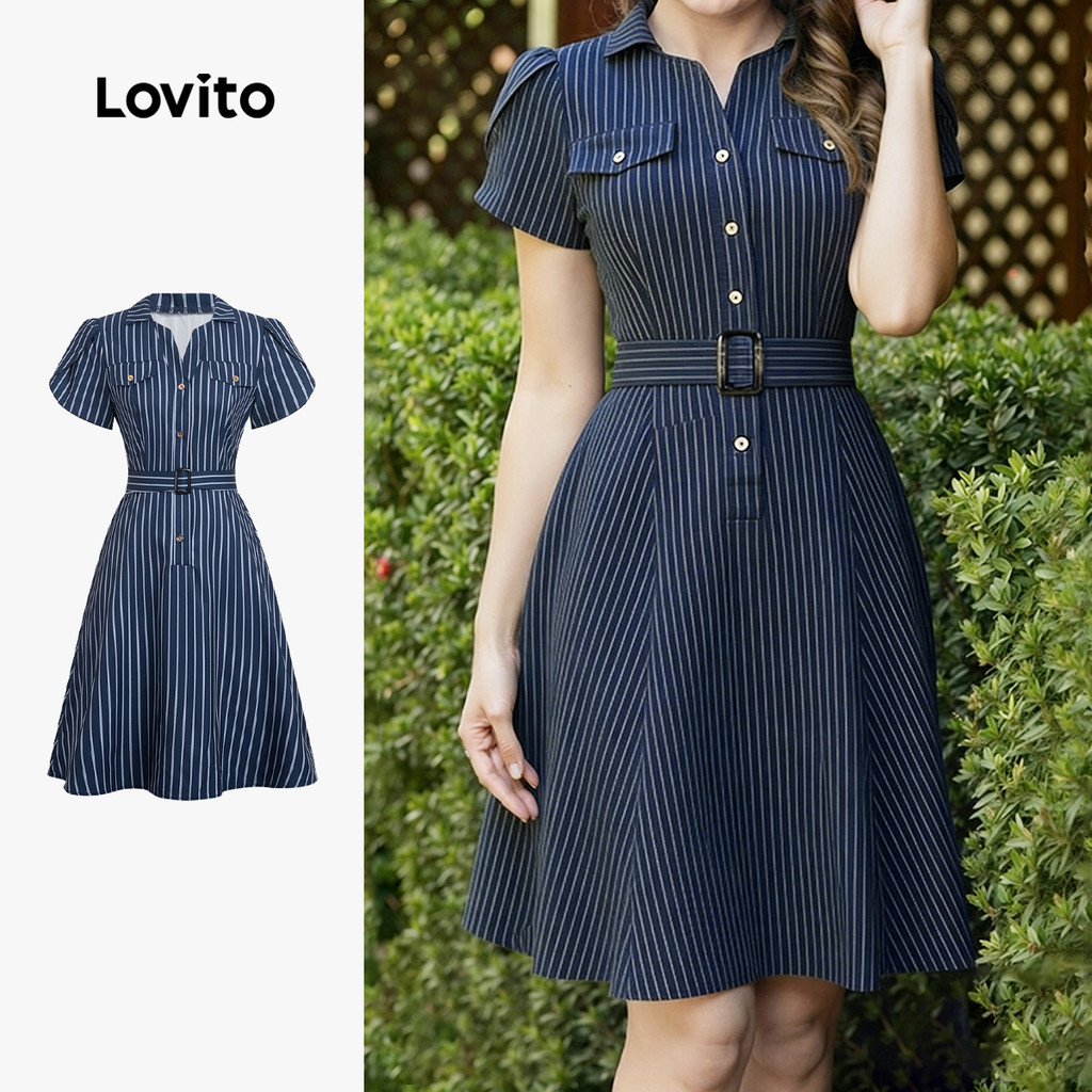 Lovito Vestido Casual Azul Escuro de Manga Curta Feminino Botão Frontal com Cinto primavera/verão LBL35127
