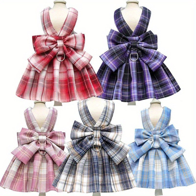 Coleiras e Vestidos para Cães com Conjunto de Guia, Saia Xadrez para Filhotes, Vestidos para Cães com Anel para Guia, Ro