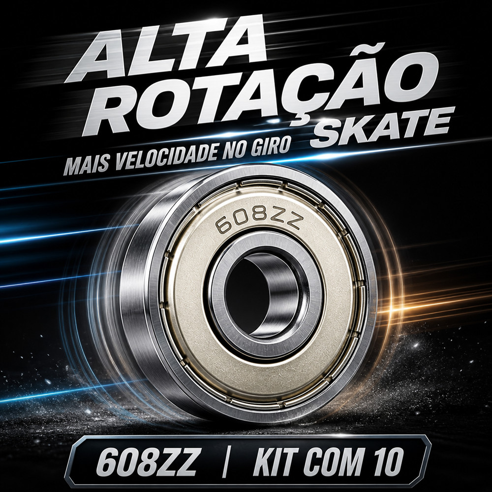 Jogo 10 Rolamentos 608ZZ Alta Rotação Giro Suave Baixo Atrito Para Skate Patins Longboard Alta Performance