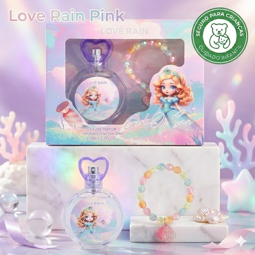 Lové Rain Girl Of Sea Perfume Infantil Kit Presente 50ml Original Suave + Linda Pulseira Brinde