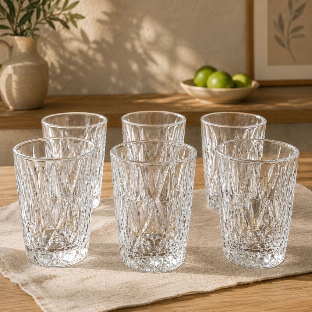 Jogo 6 Copos Baixos Diamond 300ml Vidro Grosso Diamante Luxo