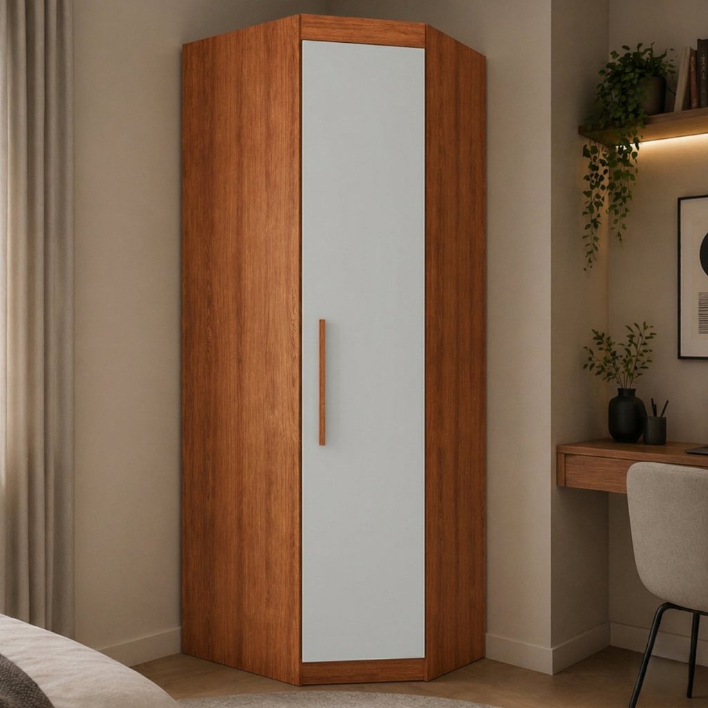 Guarda Roupa Casal Modular Canto 1 Porta Gênova Plus Branco/Freijó Wood/Off-White Freijó/Off White