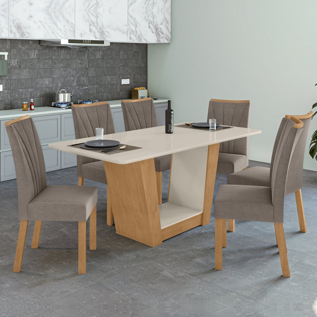 Conjunto Sala de Jantar 6 Lugares Retangular Tampo Vidro/MDF Mesa e Cadeiras Apogeu Amêndoa Clean/Off White/Animale