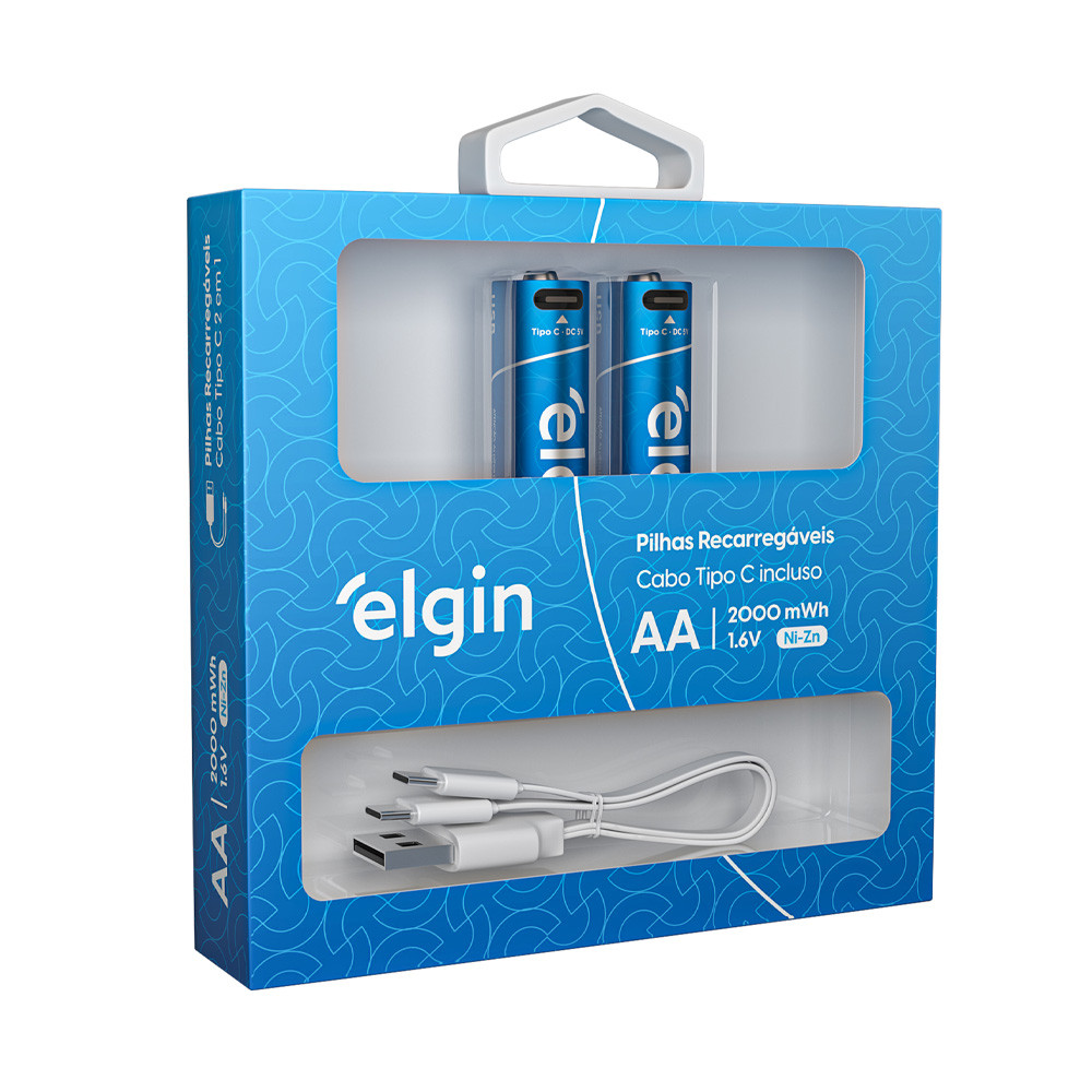 Pilha Alcalina Recarregável AA USB-C 1.200mAh com 2 unidades + Cabo