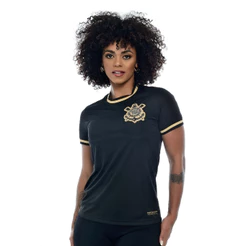 Camisa Corinthians Feminina All Black Gold Preta e Dourado Bordada Oficial Licenciada Baby Look Timão