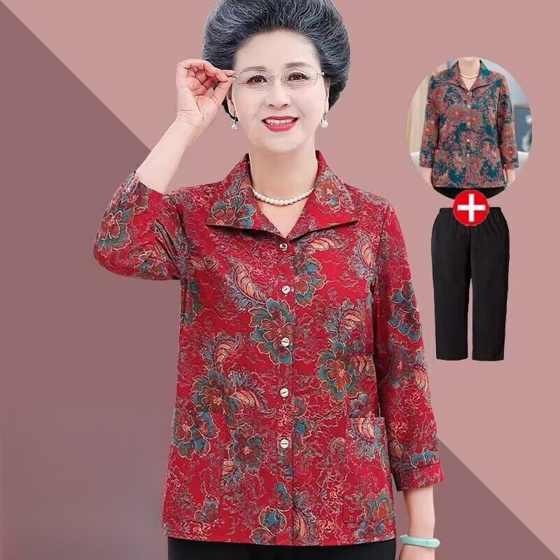 Camisa de lapela feminina de verão para idosos de meia-idade, avó de 60 anos, manga três quartos, Top fino, 70 mãe, nobr