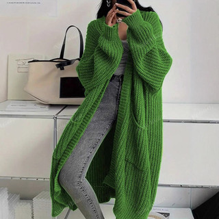 Temperamento longo sobre o joelho camisola Cardigan feminino outono inverno novo estilo preguiçoso solto grosso jaqueta 