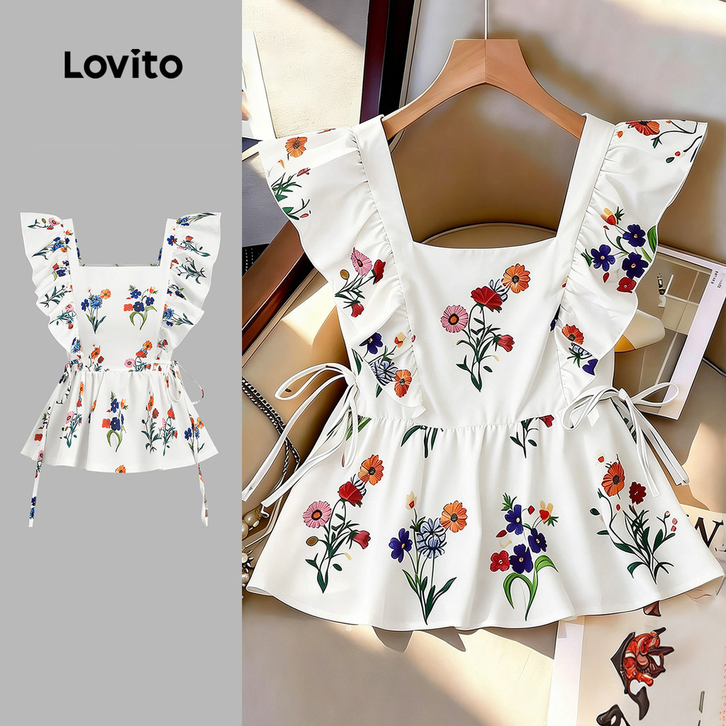 Lovito Blusa Casual Feminina com Flores e Babados primavera/verão L190ED666
