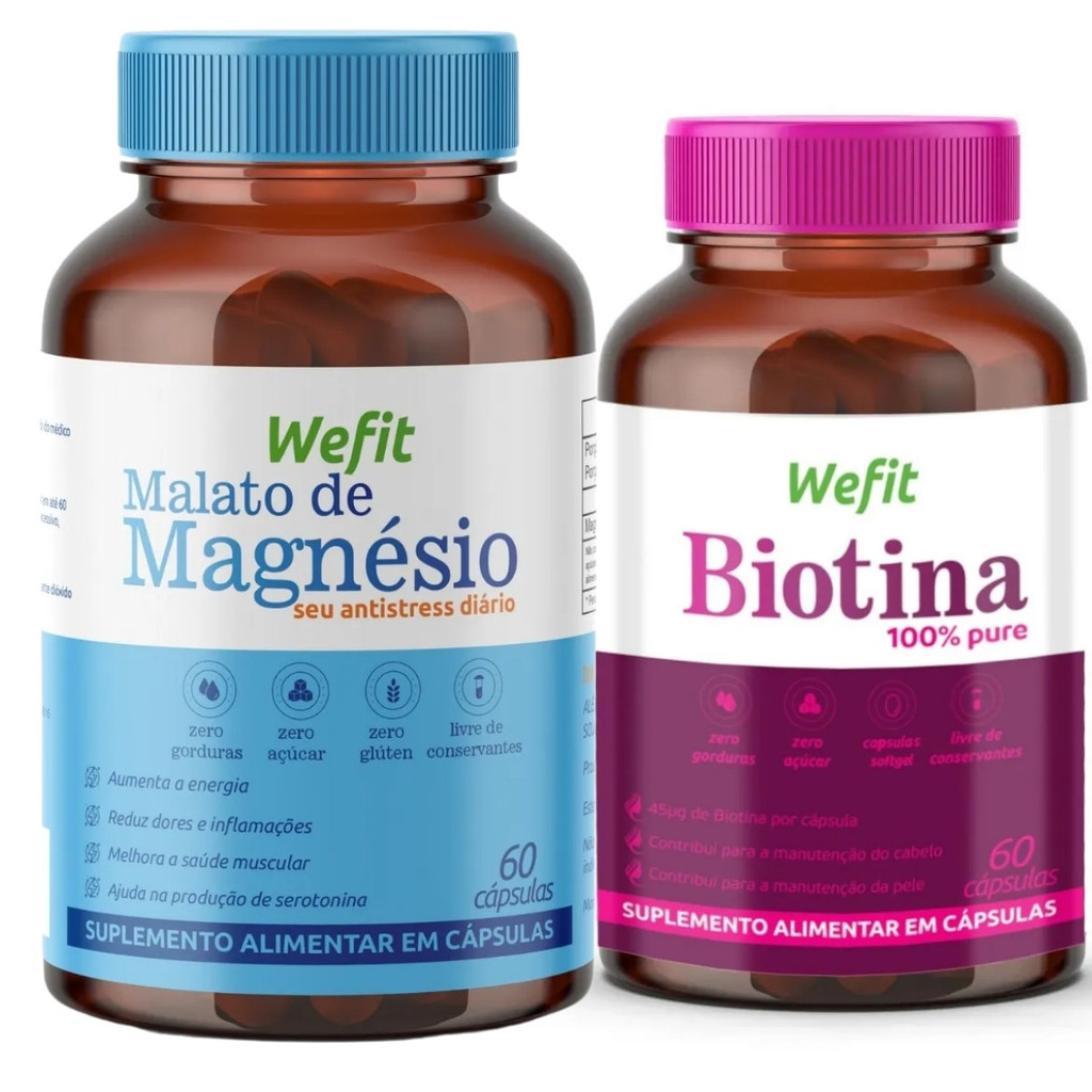Kit Biotina Pote Com 60 Cápsulas + Malato De Magnesio 60 Cápsulas WeFit