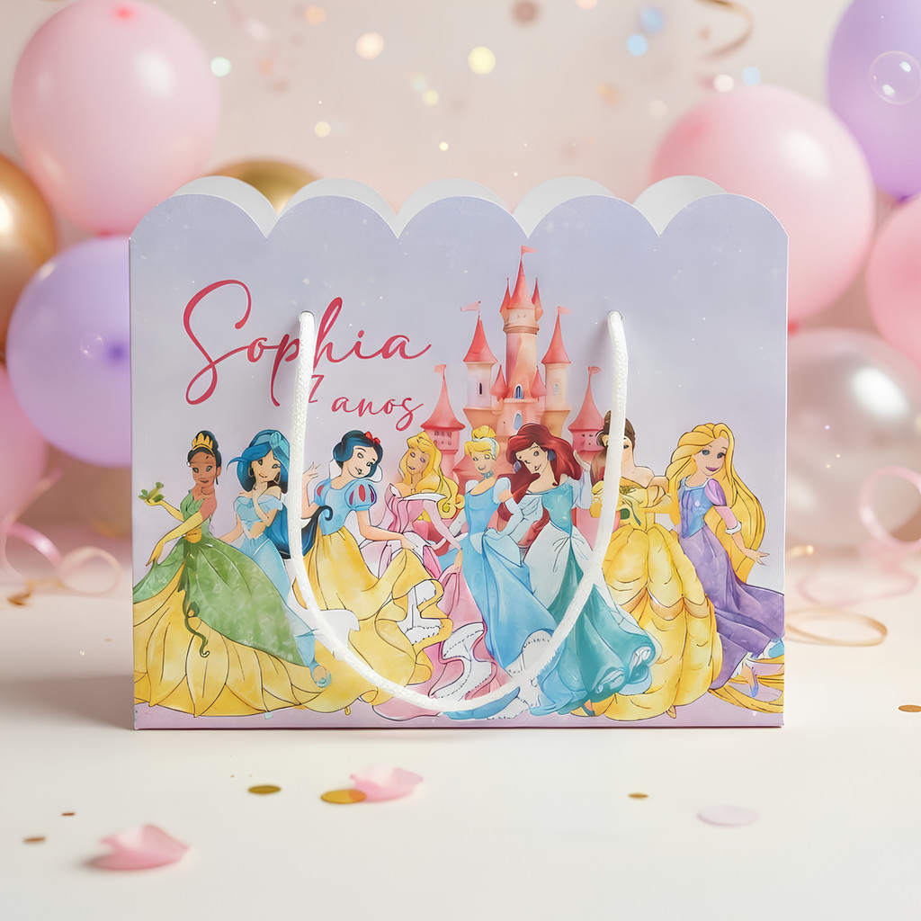 Kit Sacolinha Sacola Papelaria Personalizada Princesas da Disney Sacolinha de Lembrancinha Caixinha para Festa