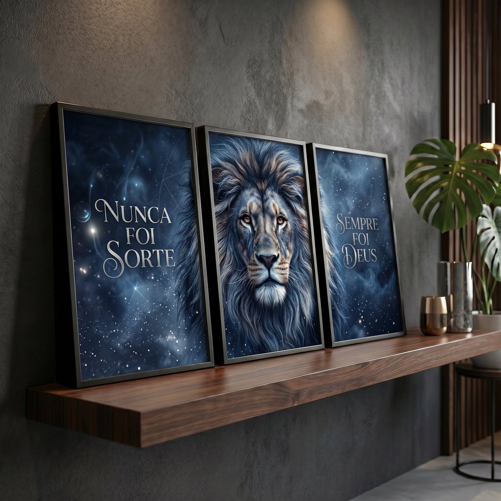 Quadro Decorativo Leão de Judá com Frase Religiosa Nunca Foi Sorte Sempre foi Deus Sala Casa Hall Escritório
