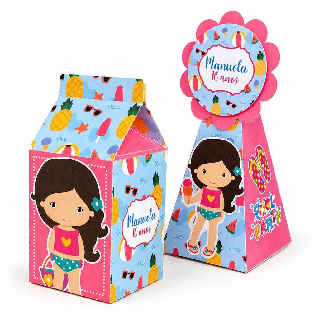10 a 40 Caixinhas Pool Party Menina Personalizado PEGUE E MONTE Caixa Milk Pirâmide Kit Festa Lembrancinhas  Aniversário