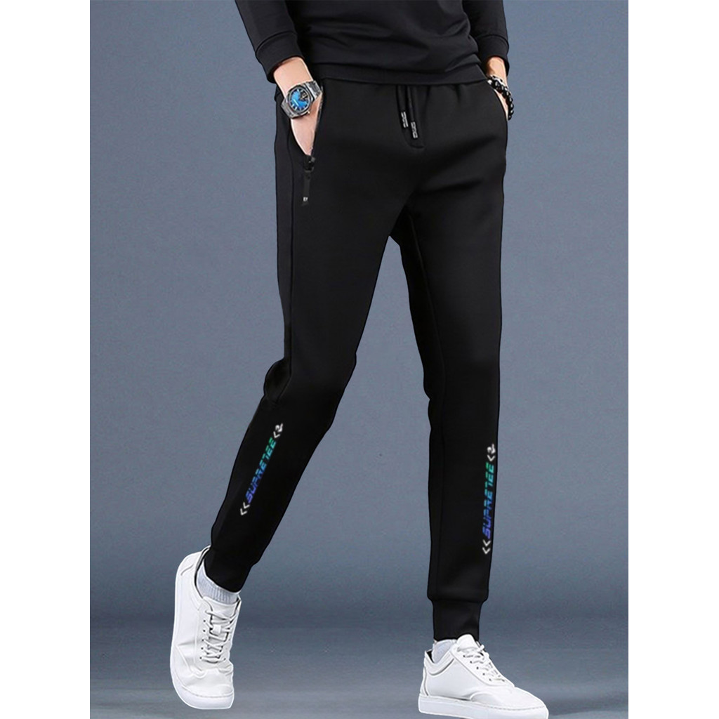 Calças casuais masculinas outono inverno novo estilo forro de lã calças espessadas calças esportivas pretas moletom Tie-