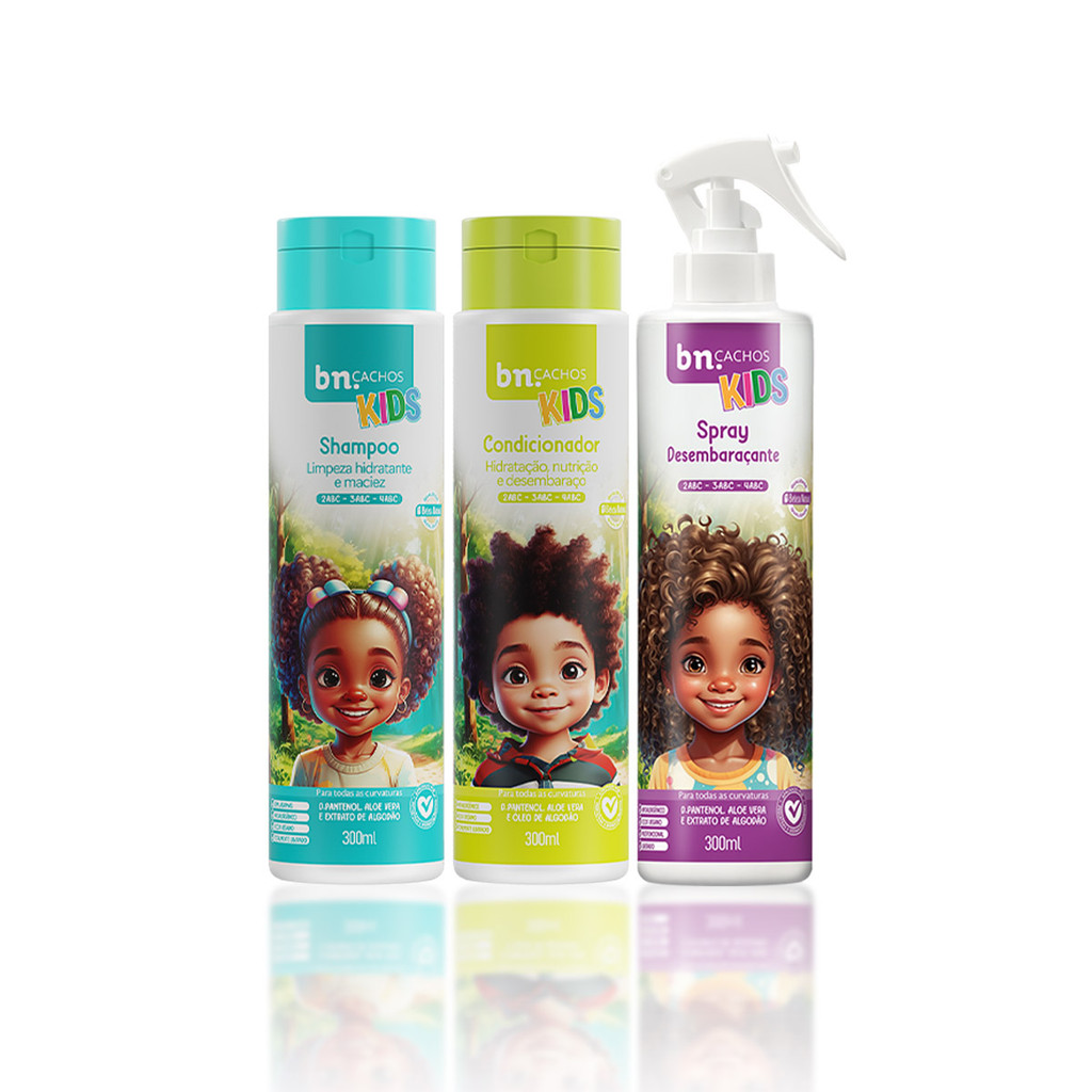 Kit Shampoo e Condicionador + Spray Desembaraçante 300ml Linha Kids bn.Cachos