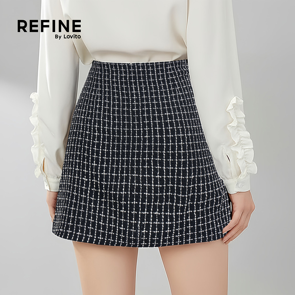 (Refine by Lovito) Saias Elegantes Jacquard Botão Primavera/verão Saias Pretas para mulheres LR35E041