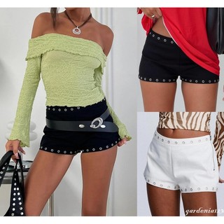 [GaDn] Mini Shorts Femininos Casuais Verão Prata Ilhó Guarnição Preto De Cintura Baixa