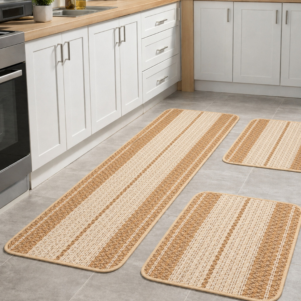 Jogo De Tapete 3 Peças Passadeira Para Cozinha de Crochê Luxo Antiderrapante Decorativo Liso Listra