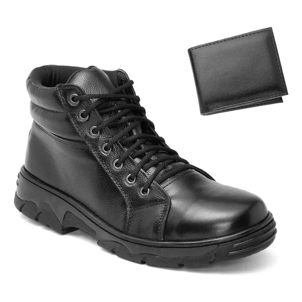 Bota Coturno Casual Adventure Motociclista Couro Legitimo Bota Para Segurança Vigilante PM + Carteira