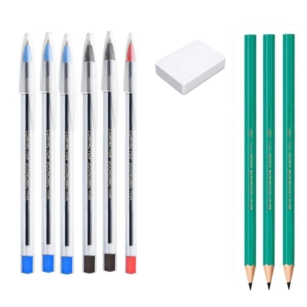 Kit Escolar 3 Lapis Bic s/borracha 1 Borracha e 6 Canetas Compactor Economic Fina